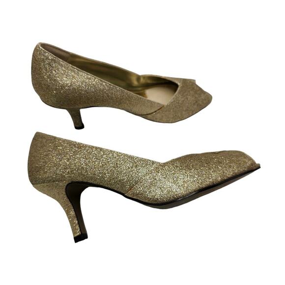 Gold Heels Womens Size 7.5 Sparkle Glitter Glam Wedding Dress Peep Toe Metallic - Picture 8 of 16
